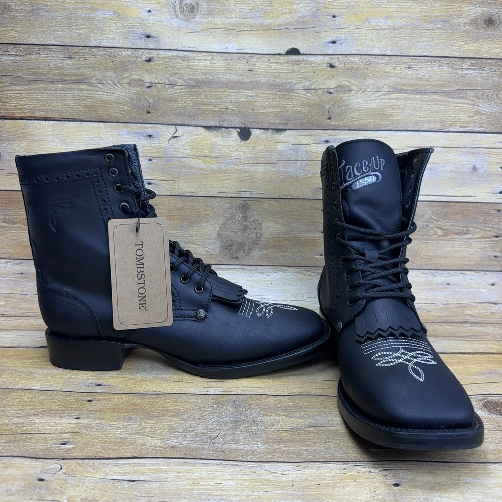 Tombstone‎ Men's 10.5  Black Leather Lace Up Western Work Boots Square Toe $239